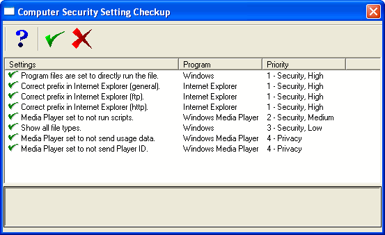 Computer security setting checkup