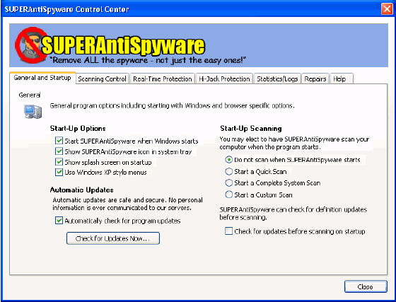 SUPERAntiSpyware - Startup Options