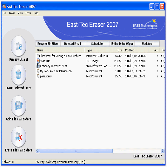 Main interface - East-Tec Eraser 2007