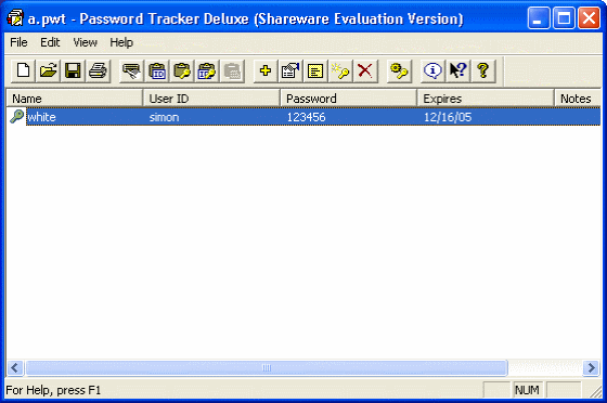 Main window of Password Tracker Deluxe
