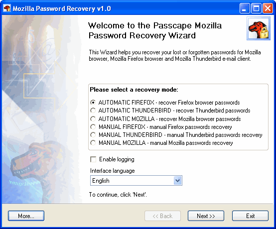 Main window - Mozilla Password Recovery