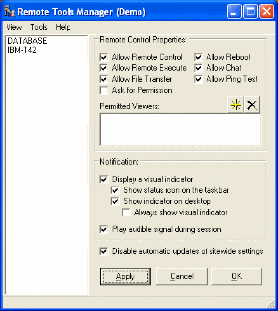 Demo window of Remote Tools Manager