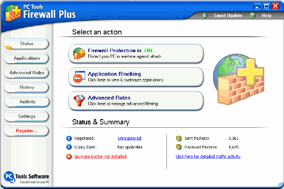 Main interface - PC Tools Firewall Plus