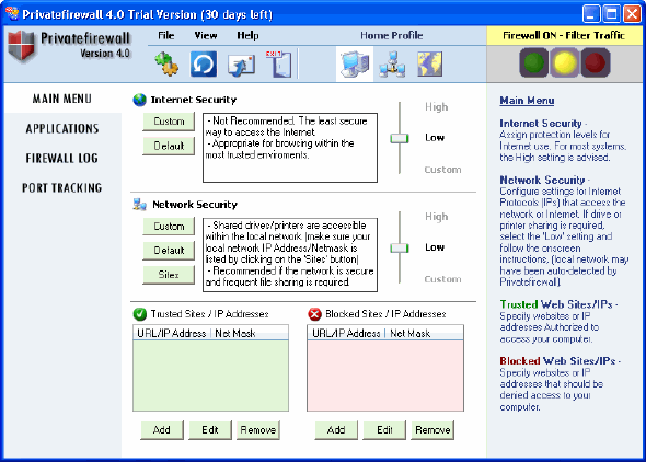 Main menu - Privatefirewall