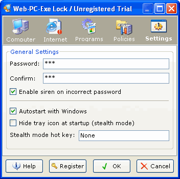 Settings - Web-PC-Exe Lock