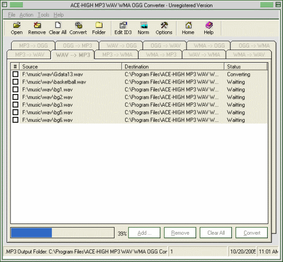 Main window of ACE-HIGH mp3 wav wma ogg converter 1.70