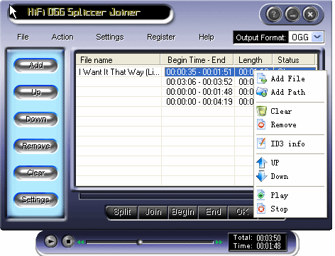 Screenshot of HiFi OGG Splitter Joiner - Main windows
