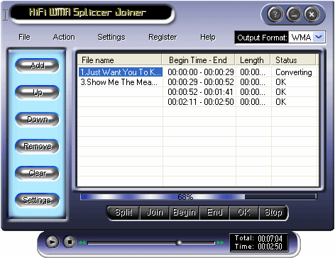 Screenshot of HiFi WMA Splitter Joiner - Main windows