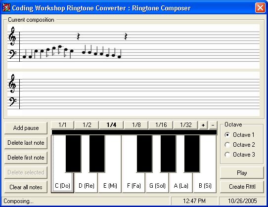 ringtone composer window of coding workshop ringtone converter