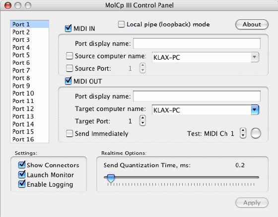 screenshot of MIDI applications connection