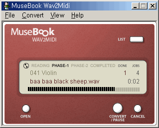 screenshot of MuseBook Wav2Midi