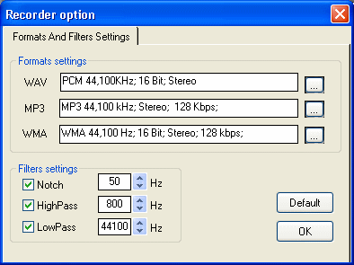 Option screen of record wma tool