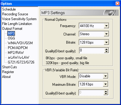 the options screen of wma recording tool