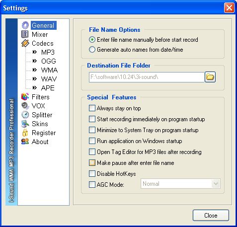 Settings window of i-Sound WMA/MP3 Recorder Pro