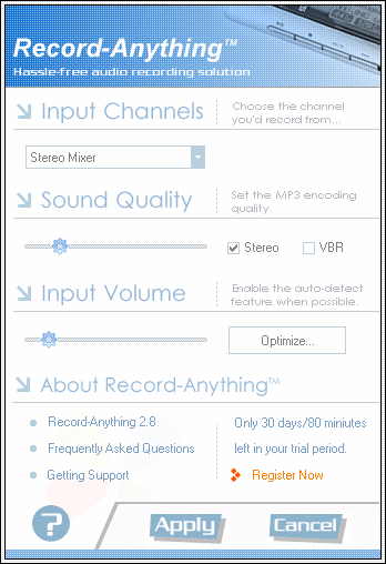 configuration of volume recording software