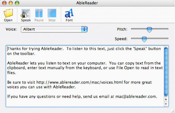 Screenshot of AbleReader and AT&T Natural Voices 