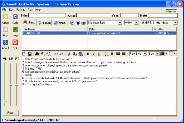 Main window of YeoSoft Text to MP3 Speaker