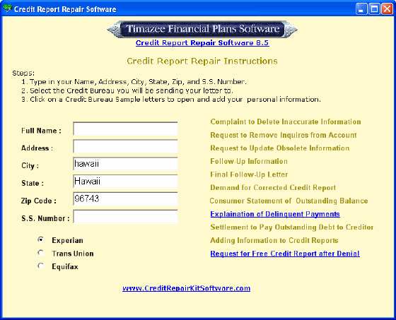 Main window - Credit Report Repair Software