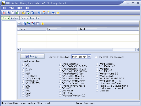 Main window of ABC Amber Becky Converter