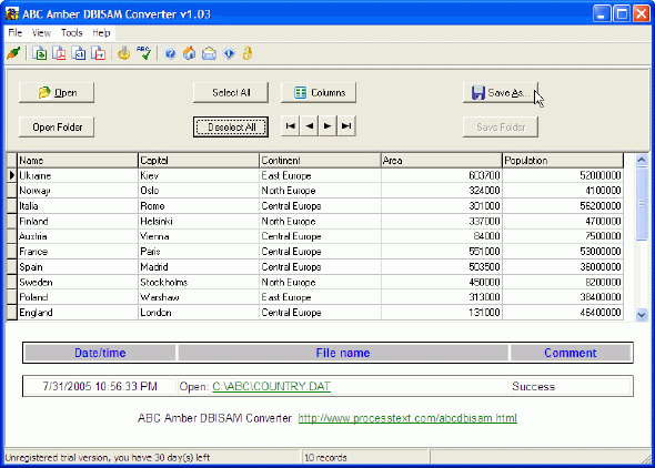 Main Window of ABC Amber DBISAM Converter