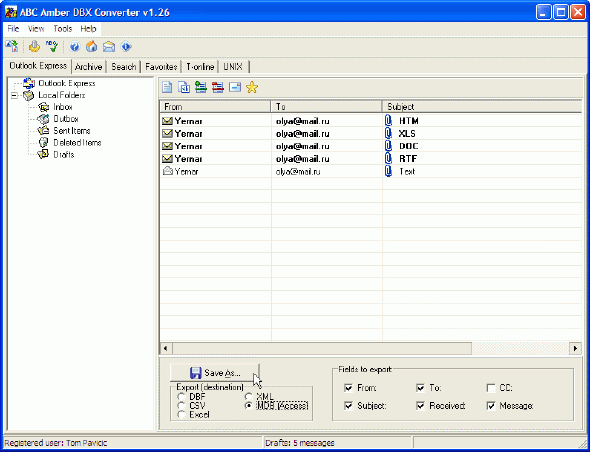 Main Window of ABC Amber DBX Converter