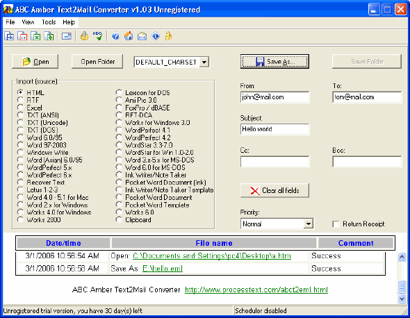 Main window of ABC Amber Text2Mail Converter