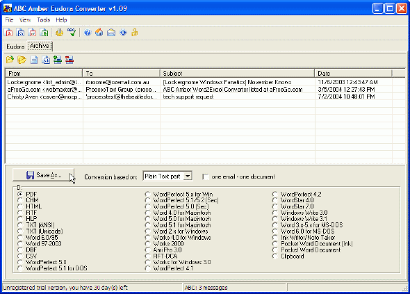 Main window of ABC Amber Eudora Converter