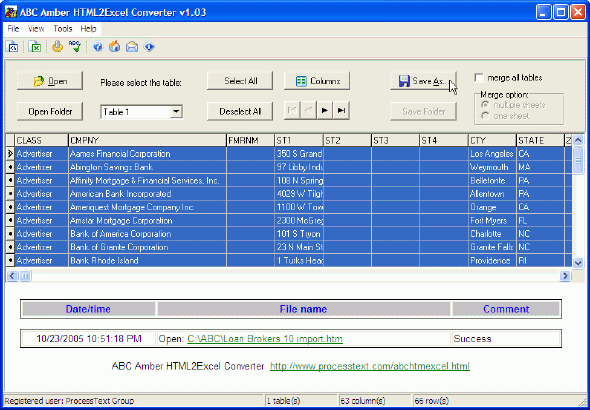 Main Window of ABC Amber HTML2Excel Converter