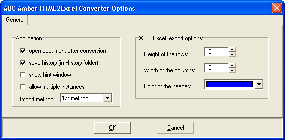 ABC Amber HTML2Excel Converter Options