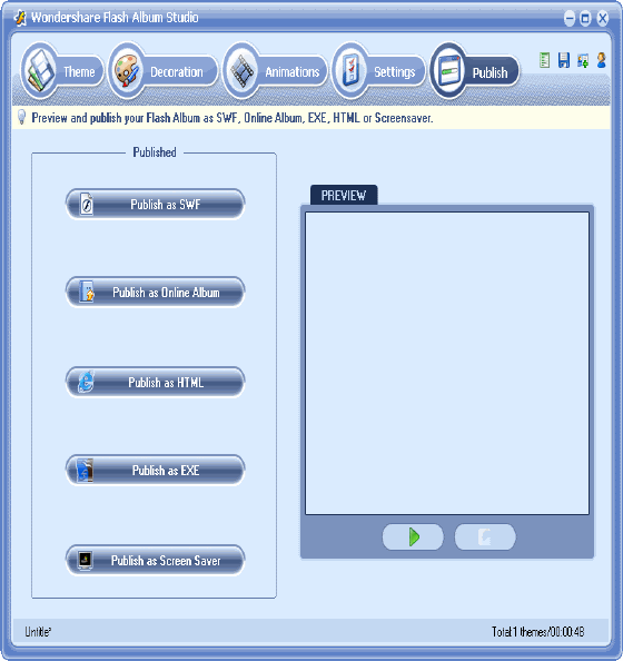 Publish window of Wondershare Flash Album Studio