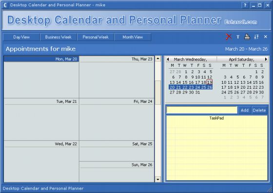 calendar of personal  week