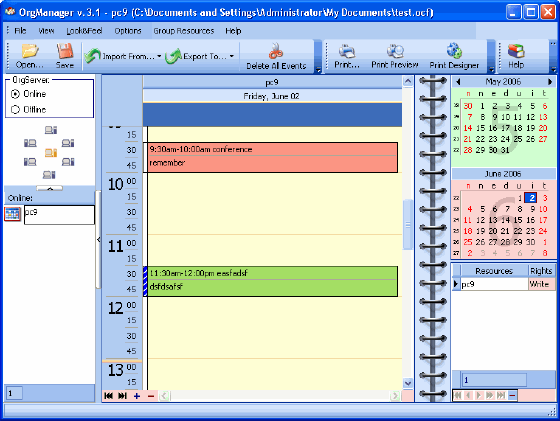The Manager screen of OrgScheduler LAN