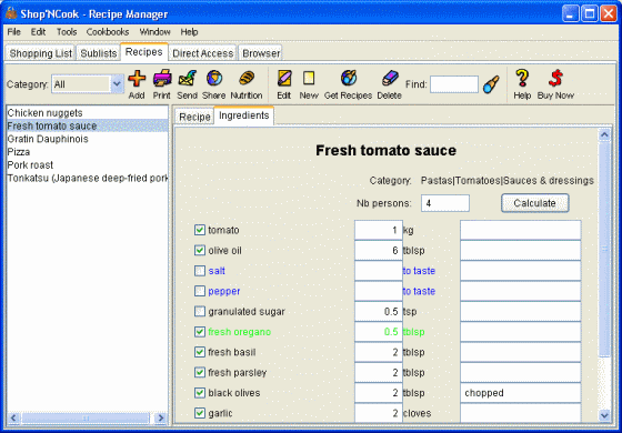 Screenshot of Recipe Ingredients
