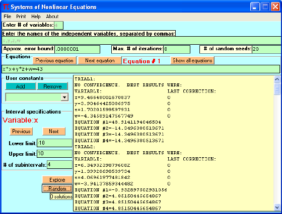 Main interface of Systems of Nonlinear Equations