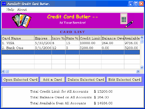 screenshot of AcreSoft Credit Card Butler