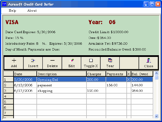 Credit Card user's software screenshot