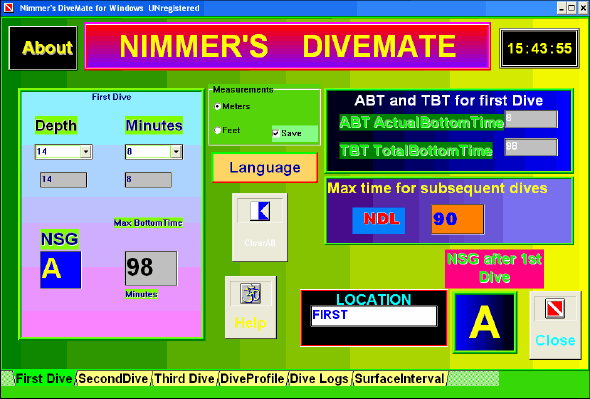 screenshot of Nimmer's DiveMate