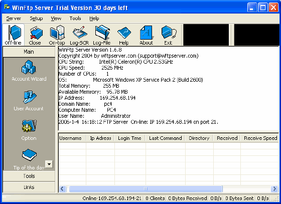 network status - WinFtp Server