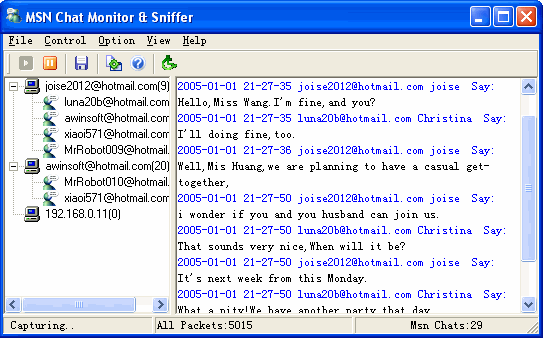 Main window - MSN Chat Monitor and Sniffer