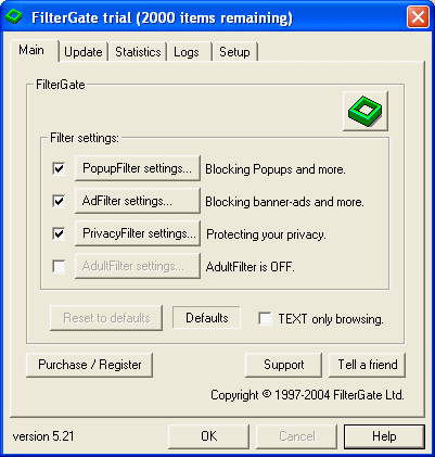 screenshot of FilterGate - Main information