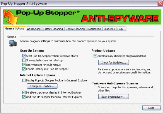Pop-Up Stopper Anti-Spyware - General Options