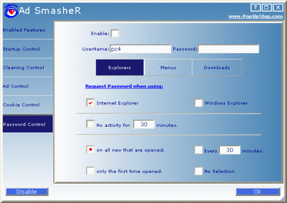 Popup Ad SmasheR - Password control