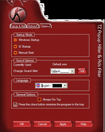 TZ Popup Ads Filter - Options Window