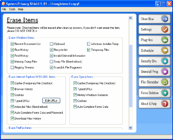 system and Internet activity cleaning option