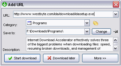 Internet Download Accelerator - Add a download win
