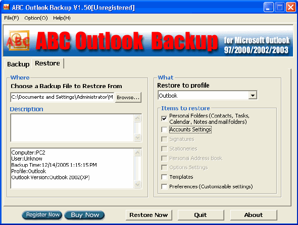 Restore - ABC Outlook Backup