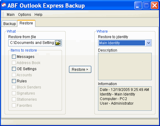 Restore - ABF Outlook Express Backup