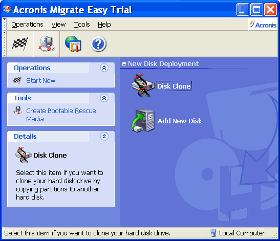 Main screen - Acronis Migrate Easy