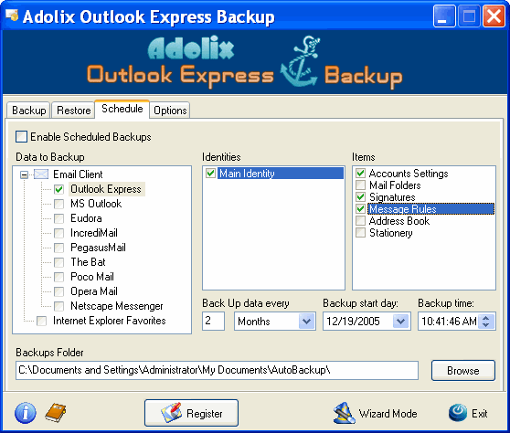 Schedule - Adolix Outlook Express Backup