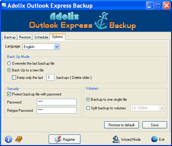 Options - Adolix Outlook Express Backup